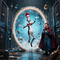 the third first image on the scattered absurdity server, dr seuss, and dr strange, very pretty, photorealistic, portal hopping and time warping with wild reckless abandon, dramatic atmosphere, octane, vray, by Greg rutkowski, Jacek Yerka, Dan Mumford