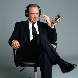 2 0 0 7 john lasseter wearing a black suit and necktie, sitting in a chair, wearing headphones, tapping his foot, holding a walkman tape player.