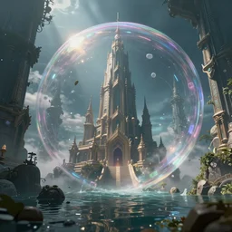 fantasy space pagoda, bubble time portal warping a flooded atlantis, cartoon, depth of field