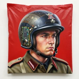 portrait of a third reich soldier in ornate motorcycle dirt helmet in a helmet background red plastic bag, circuitboard,, rich deep colors, by shusei nagaoka kaws david rudnick airbrush on canvas pastell colors cell shaded 8 k, 5 mm