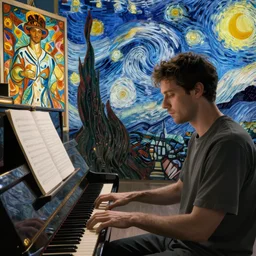 charlie kelly from it's always sunny in philadelphia playing piano, art by alphonse mucha and van gogh