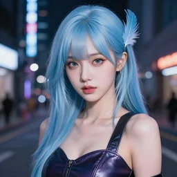 a pretty korean girl with light blue hair, dj sura face, wearing a leather dress, cyberpunk night city street background, soft lighting, feather hair, realistic, smooth face, perfect eyes, wide angle, sharp focus on eyes, 8 k high definition, insanely detailed, intricate, elegant, art by artgerm and greg rutkowski and j scott campbell
