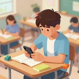 A bored teenager in a full of students classroom looking at his smartphone, artwork by Craig Mullins, isometric camera, detailed, trending on artstation