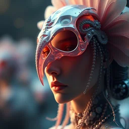 3 d close - up head shot portrait of the face of a beautiful princess, giant flower, blurred background, jellyfish face skull phoenix bird, translucent, nautilus, energy flow. a highly detailed epic cinematic concept art cg render. made in maya, blender and photoshop, octane render, excellent composition, cinematic dystopian