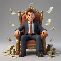 a greedy man, sitting on a throne of money, studio photography, 3 5 mm lens, digital art, 8 k