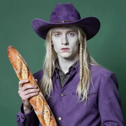 portrait of a young androgynous Henry Cavill cowboy alchemist with long blond hair and side braids by peter Paul rubens, holding a baguette, very very very very pale white skin platinum blond hair, industrialist petroleum stimulant cowboy motif, purple green color scheme