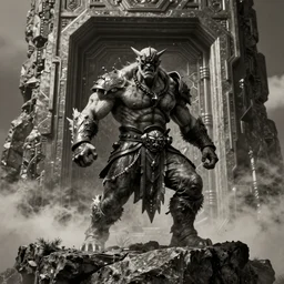 vertical movie frame with heavy furious warrior, standing on cliff , futuristic door in the rock,  inspired by monster hunter and dark fantasy and fashion, muscular   body,  brutal blooded  symmetrical face, epic,dramatic lighting, cinematic, establishing shot, extremely high detail, photorealistic,  brutal, provocative , cinematic lighting, artstation, octane render, dark fantasy ,old photo, vintage, black and white, Boris vallejo, sepia, old photography, documentary photography