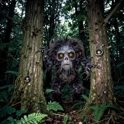 wide angle flash photo of a creepy anthropomorphic creature hiding behind trees in a magic forest by Scott Listfield and Ernst Haeckel
