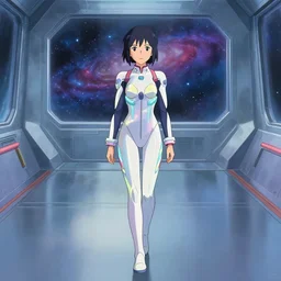beautiful young Himalayan woman, walking empty hall of a spaceship, futuristic, somber, iridescent body suit with glowing stripes, by Makoto Shinkai and Wojtek Fus, by studio trigger, rossdraws, ambient occlusion, clean lineart and color, vibrant, narrow hall, large window, beautiful galaxy