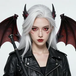 character concept of a white woman with red eyes wearing a leather jacket with white hair and dragon wings on her back holding a bat she has a scar going across her face | | cute - fine - face, pretty face, realistic shaded perfect face, fine details by stanley artgerm lau, wlop, rossdraws, james jean, andrei riabovitchev, marc simonetti, and