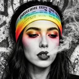 highly detailed closeup portrait of smoking woman wearing 9 0 s headband, really epic gradient, by atey ghailan, by greg rutkowski, by greg tocchini, by james gilleard, by joe fenton, by kaethe butcher, gradient red peanut rainbow, black and white color scheme, grunge aesthetic, graffiti tag wall background