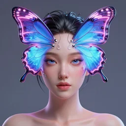 a 3 d model of an exotic beautiful woman with a neon butterfly head, fixed glass eyes, perfect symmetrical lips, unreal engine, cinema 4 d, intricate details, 8 k, ultra realistic, super detailed, octane, ray tracing, artstation, beeple, shiny plastic viny look