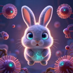 halloween celebration, expressive eyes, floating, rbc, bunny, radiolaria, protophyta, micro - organisms, center frame, symmetric, rim light, marine microbiology, bioluminescence, electric, fur, soft, concept art, intricate details, highly detailed, colorful, photorealistic, disney pixar, octane render,