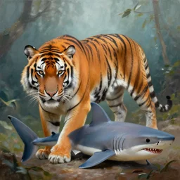 A Tiger, and a shark, hybrid animal, ultra high definition, in a oil painting style