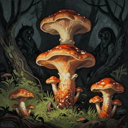 ancient creatures, by gediminas pranckevicius, by james gilleard, dark shadows, woodblock, split - complementary - colors, polished, tremella - mesenterica, favolaschia - calocera, mycelium, fountain of youth