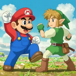 Mario, Link, and Samus fighting, in the style of hayao miyazaki, 4k