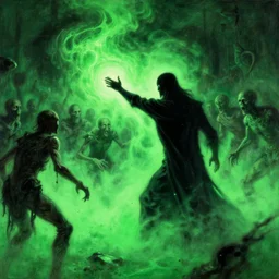 the dark magician directs an army of the undead to the light one in a green acid fog, futurism, painting by greg rutkowski, j. c. leyendecker, artgerm