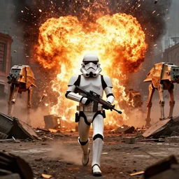 a star war stormtrooper  running toward the camera with a rifle with a massive fiery explosion behind him with debris and damaged AT-AT walkers and buildings everywhere , cinematic framing, cinematic lighting, hdr, gritty, movie still, 4k,  in the style of the movie the empire strikes back