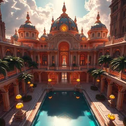bright solarpunk palace exterior, extreme opulence, utopia, cinematic, futuristic, realistic, high detail aerial view