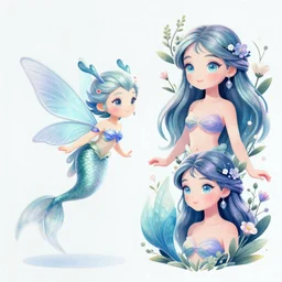 magical illustration of ethereal fantasy creature, beautiful fairie, mermaid, female portrait with flowers, whimsical big - eyed character accompanied by animals and birds, ligne claire