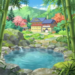 a natural hotspring on the outskirts of a colorful kitsune wizard college, anime, bamboo, a fantasy digital painting by greg rutkowski and james gurney, trending on artstation, highly detailed