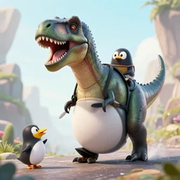 pengiunz 0 riding a trex, 4 k, ultra realistic, highly detailed
