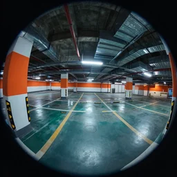 underground parking garage, fish eye, ambient occlusion, octane renderer, 8k, color, vibrant