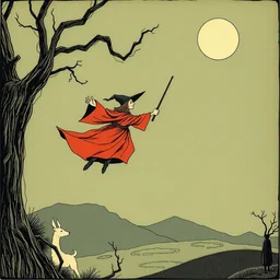 a wizard is trying to fly. illustration by edward gorey