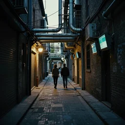 blade runner dark narrow streets overhead cables ducts pipes monitors by ashley wood and phil hale, 4 k detailed post processing