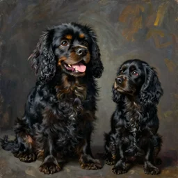 painting of a dark, happy, smiling, black cavalier king charles spaniel cross with completely black cockerspaniel with black fur thinking about being a good boy. art by renoir