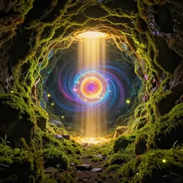 high moss inside hollow earth jewelry mine full colored, portal golden, god shining light of love, looping wormhole teleport, quantum physics cell, nucleus, fireflies, hight contrast, void, 8 k resolution, unreal engine 5, hyper - detailed, morning mood by beeple, justin gerard