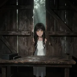 style : berserk. composition : medium shot. style : digital art ; detailed ; dreamlike ; 4 k. scenery : the inside of a dark barn ; a faint ray of light is shining through a crack in the planks. subject : a 2 5 years old woman ; dark hair ; wearing a white dress ; amber eyes. action : the woman is hiding behind a workbench.