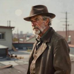 intricate character study by ( joseph noel paton ), upper body portrait, veteran gambler on the abandoned rooftop, digital painting, latest model in unreal engine 5, depth of field, global illumination, 8 k, bokeh