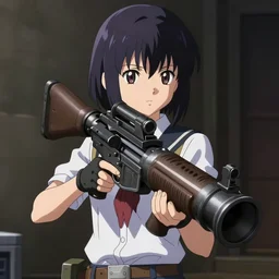 anime girl holding a massive bazooka, angled bob haircut, art by aekutie, highly detailed, ambient lighting, frontal