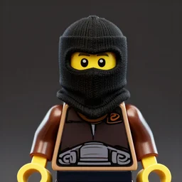 portrait of Lego minifigure wearing balaclava, digital art, ultrarealistic, artstation, 8k, hyperdetalied, high quality, high render