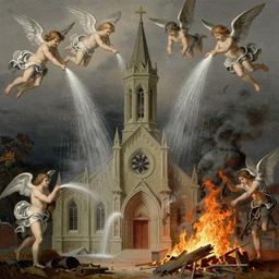 A church burning down with angels pouring water down onto the church, painted by Gustave Dore