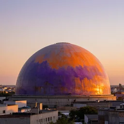 a wide shot of a massive corroded dome surrounding a city, the bubble is orange and purple with an oil slick, sunset