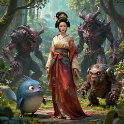 by artgerm and agostino arrivabene, visually stunning, cinematic, ultra realistic, hyper realism, epic, octane render, unreal engine, vfx, geisha in garden, murloc tinyfin, dread infernal, wee whelp, battle ram