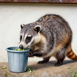 opossum eating trash, fresco painting, detailed, 4k
