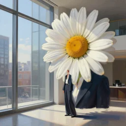 giant daisy flower face, woman in suit, standing next to modern window in luxury loft, surreal photography, sunlight, impressionist painting, digital painting, artstation, simon stalenhag