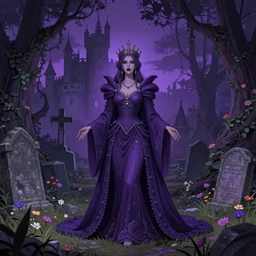 beautiful woman, Queen of the ghosts, old cemetery, castle in the background, trees, creepers, beautiful flowers, night, purple color,  colorfully, full body shot, detailed illustration, digital art, overdetailed art, concept art, Sylvain Sarrailh, trending on artstation