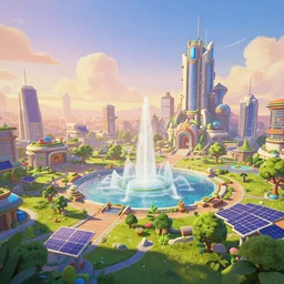 wide screenshot, ultrawide, solar punk city with fountains and greenery at sunset, trending on artstation