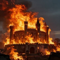 landscape, A royal castle on fire, burning down, intense flames, dramatic lighting, cinematic, by WLOP, eddie mendoza, simon stålenhag, raphael lacoste, extremely high detail, photo realistic, cinematic lighting, post processed, concept art, trending on artstation, matte painting