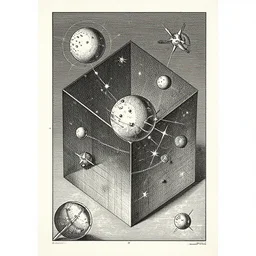 a graphic design poster of the isometric detailed blueprint of the astronomy comets and stars medieval engraving, patent illustration, no text 1 9 9 0, poster design, japan graphic comics manga art illustration, silkscreen risograph, greyscale monochrome