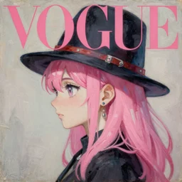 anime vogue, intricate oil painting by greg rutkowski, trending on artstation, side profile, weird hat, pink hair