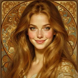 portrait of a young denise richards, upper body, seductive eyes, long hair, joyful smirk, intricate, elegant, highly detailed, digital painting, artstation, concept art, matte, sharp focus, illustration, art by artgerm and greg rutkowski and alphonse mucha