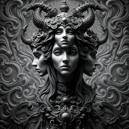 a black and white high quality photo of a female witch bust, the fates, the three who are one, hyper detailed, flowing psychadelic background intricate and detailed, ornate 8 k gorgeous intricate detailed, octane render