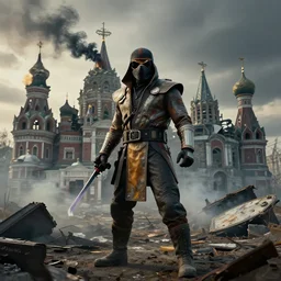 smoke from mortal kombat 1 in post - apocalyptic russia