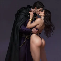 Fantasy portrait, Necromancer, male, gorgeous, beautiful face, dark garments, dark pruple robes, gold bracelet, Black cloak from neck to ankles, kiss, pin-up, shapely toned derriere, matte painting, by WLOP, Frank Franzzeta and Sakimichan, artstation
