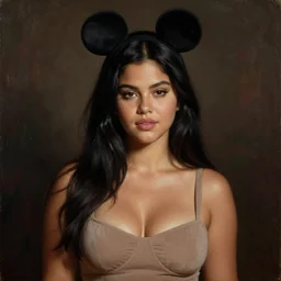 beautiful thirty year old woman with long black hair, tan skin, curvy hourglass figure, round cute face, slight resemblance to selena gomez and vanessa hudgens wearing a mickey mouse ears headband. beautiful painting by artgerm and greg rutkowski lois van baarle and bouguereau